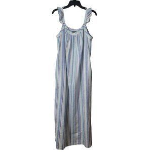 VINCE CAMUTO LINEN STRIPED RUFFLE STRAP DRESS SLEEVELESS MIDI AQUA ICE  Pockets